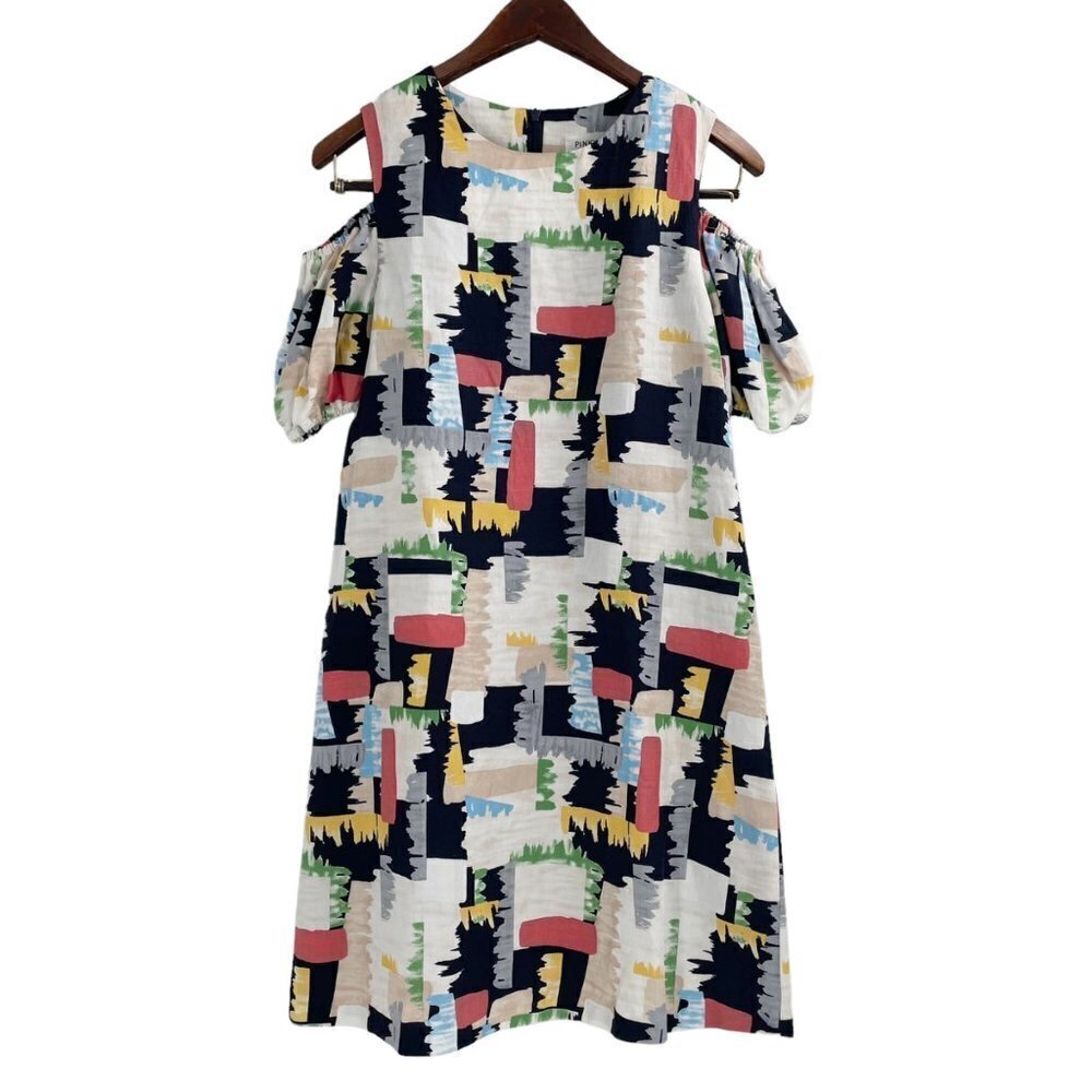 Pinky Otto Linen Blend Geometric Print Cold Shoulder Linen Dress Womens Small